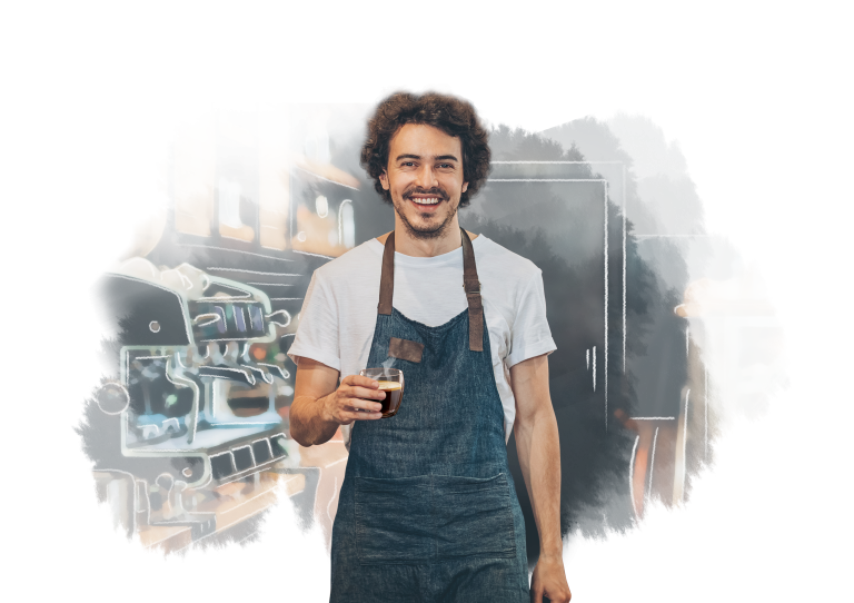 Barista hombre sonriendo con delantal azul y sosteniendo una taza de café