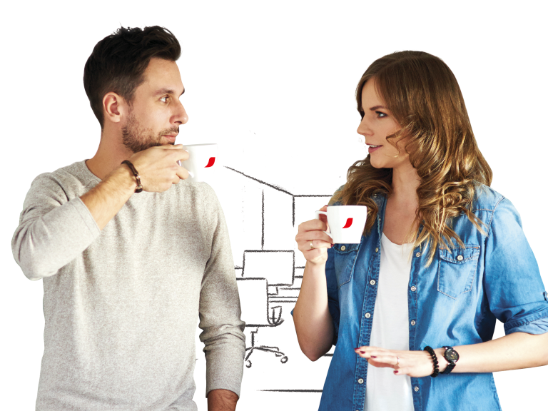 Hombre y mujer sosteniendo cada uno una taza de café Nescafé en una oficina