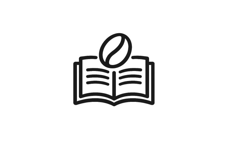 Ícono de libro abierto con grano de café que representa aprendizaje y conocimiento