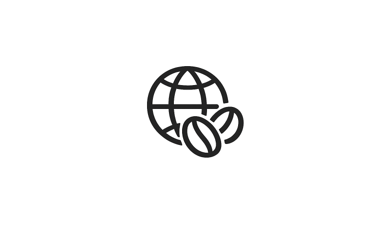 Ícono de globo terráqueo y grano de café que representa conexión y origen