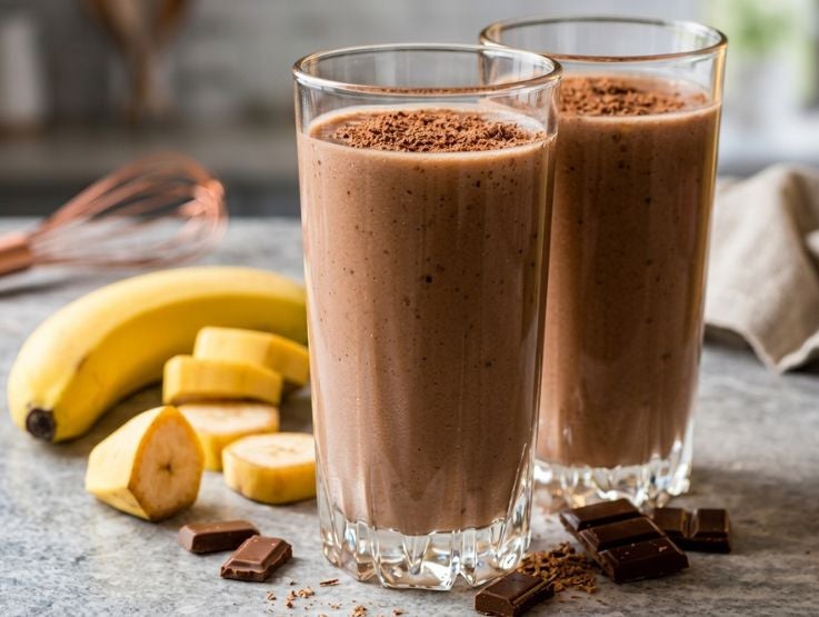 Vasos altos con licuado cremoso de chocolate y plátano decorados con cacao junto a fruta fresca.