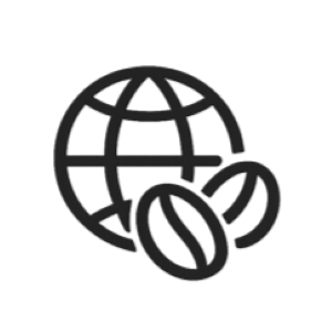 Ícono de globo terráqueo y grano de café que representa conexión y origen