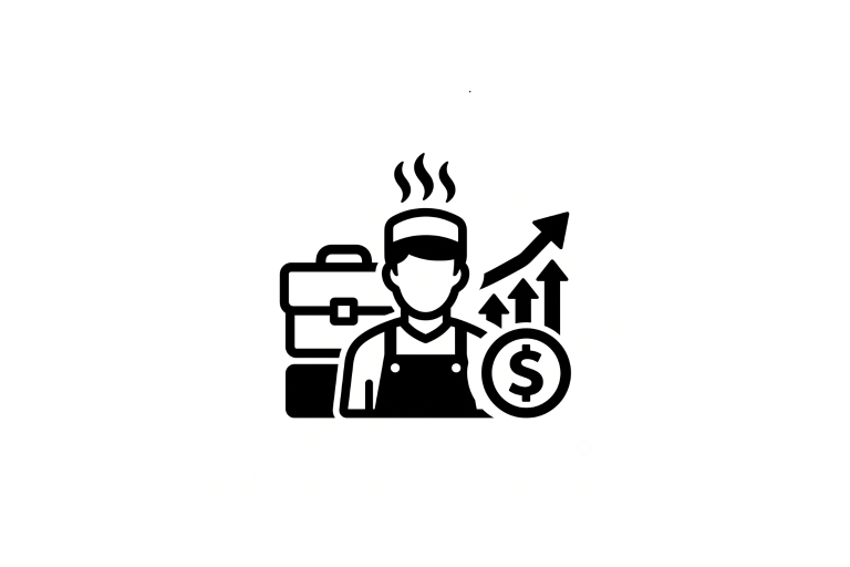 Ícono de barista con símbolo de crecimiento y dinero que representa desarrollo profesional